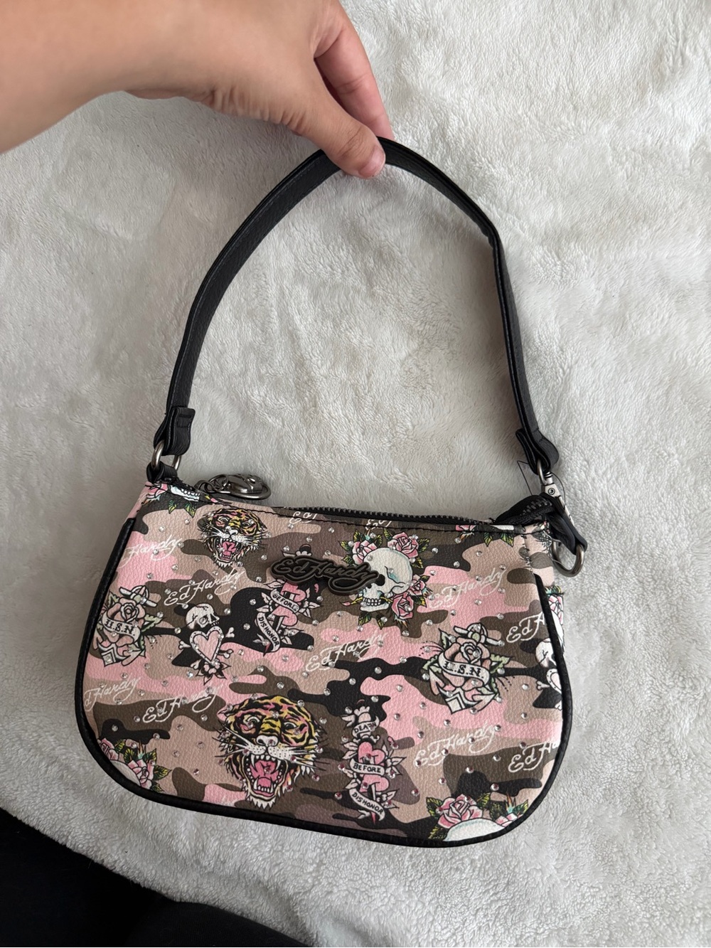 Ed Hardy Pink and Brown Camo Shoulder Bag with Tattoo Prints